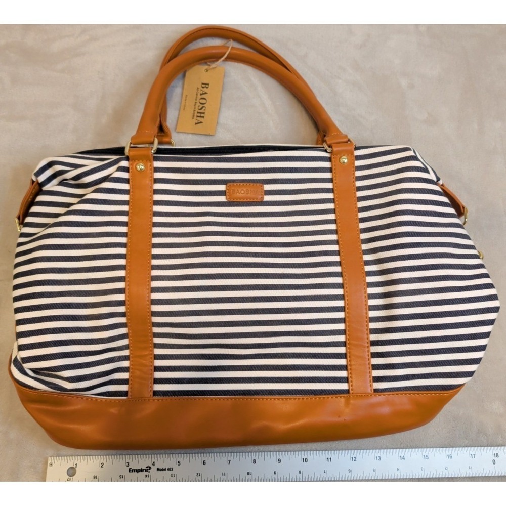 BAOSHA Striped Canvas Weekender Duffel Bag Brown Faux Leather Travel Tote - Picture 2 of 7